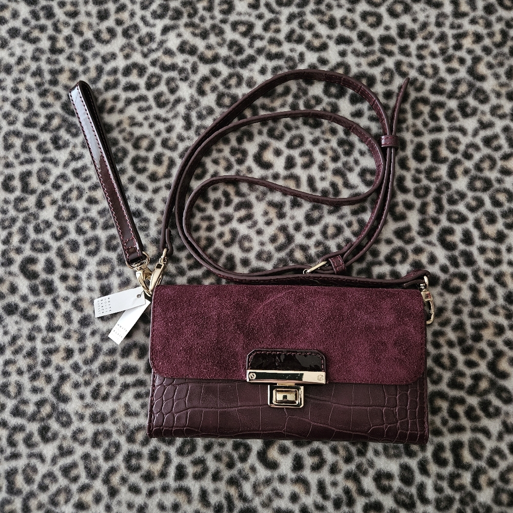 WHBM Burgundy Maroon Leather/Suede Crocodile Convertible Crossbody Clutch Wallet